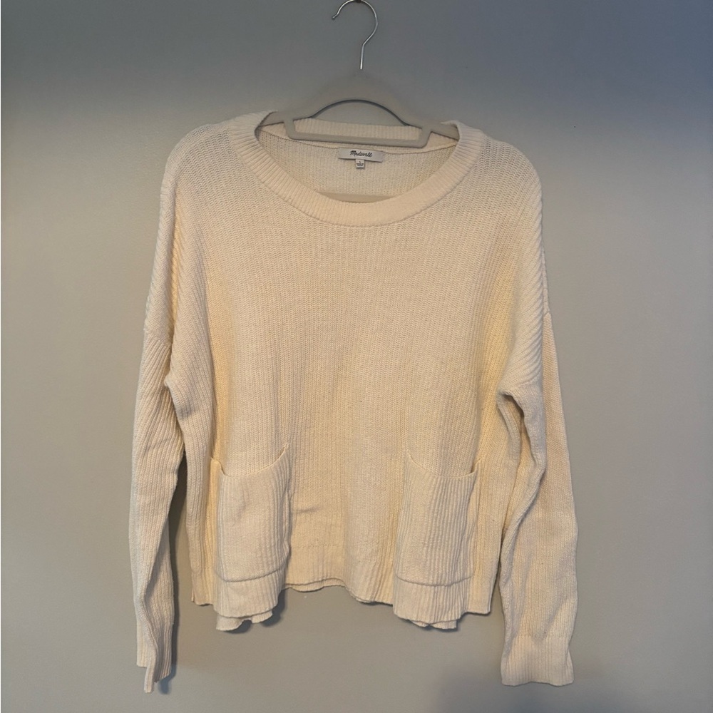 Madewell Patch Pocket Pullover Sweater Crew Neck Size Large Cream Knit - Picture 2 of 5